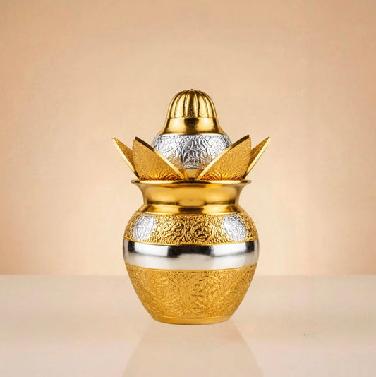 Gold German Silver Pooja Kalash With Decorative Embossing And Velvet Gift Box -