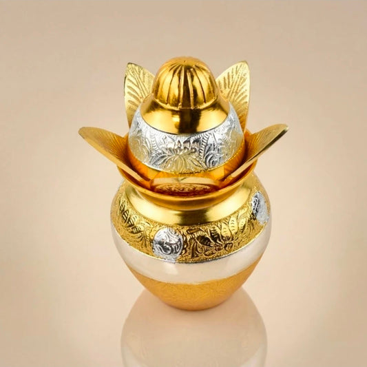 Gold German Silver Pooja Kalash With Decorative Embossing And Velvet Gift Box
